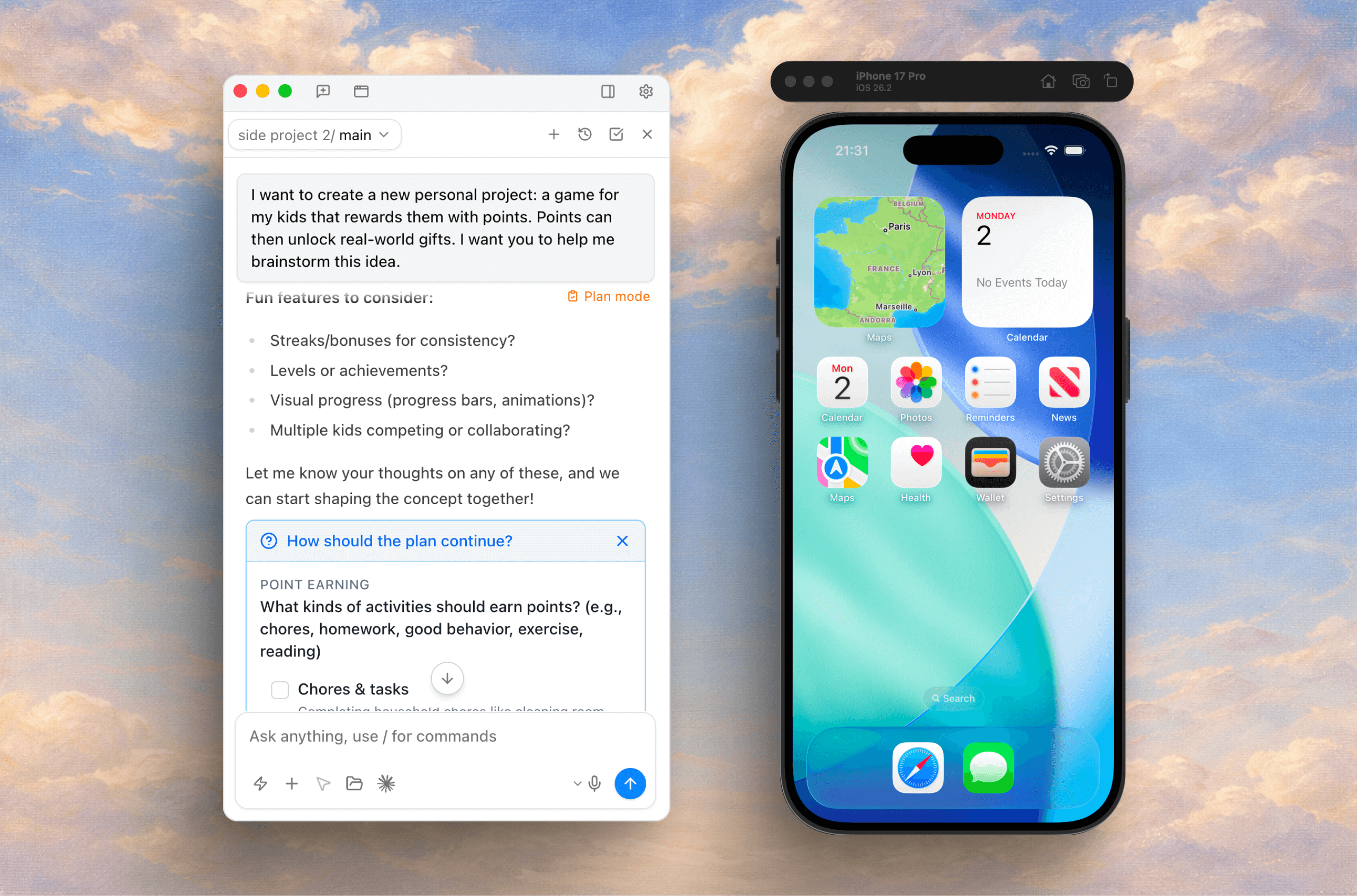 craaft interface with split-screen layout showing code editor and AI chat side by side